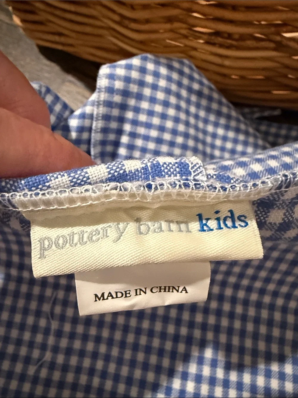 Pottery Barn Kids Woven Rattan Basket with Blue Gingham Liner